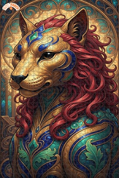 Esranın Dünyası Golden Lion Art Oil Painting Look Wooden Puzzle with Double-L...