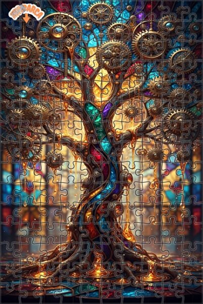 Esranın Dünyası Colorful Gear Tree Oil Painting Look Wooden Puzzle with Doubl...
