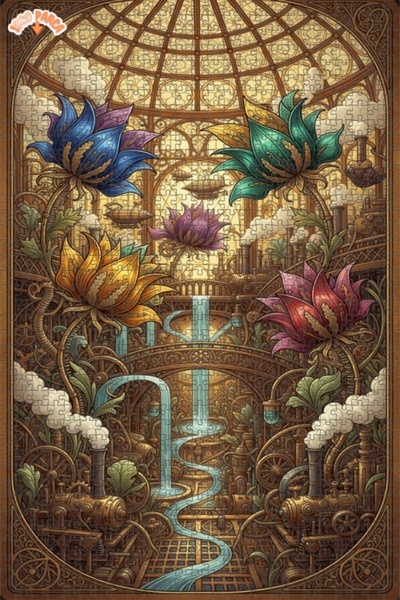 Esranın Dünyası Steampunk Flowers and Steam Ships Double-Layer Frameable Wood...