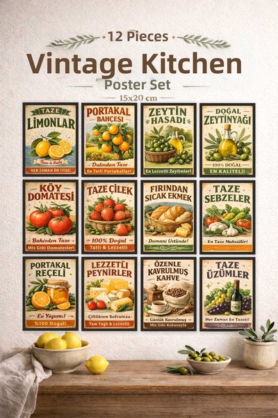 UNT Vintage Kitchen Painting Set 12 Pieces 15X20 cm – Retro Food Themed Decor...