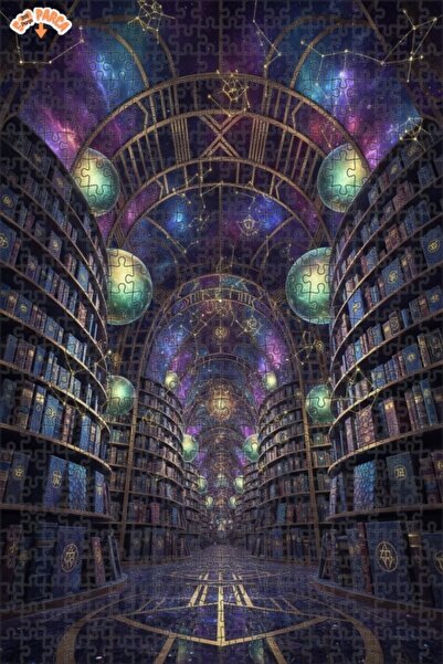 Esranın Dünyası Mysterious Galaxy Library Oil Painting Look Double-Decker Fra...