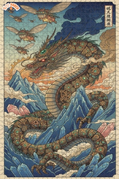 Esranın Dünyası Mechanical Dragon Steampunk Art Double Deck Framed Wooden Puz...