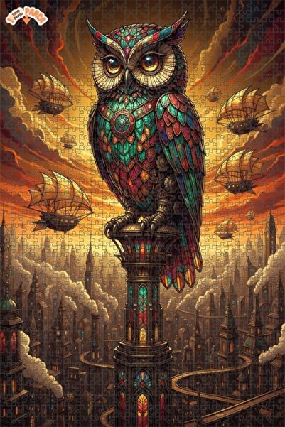 Esranın Dünyası Steam City Owl Oil Painting Lookalike Double-Layer Framed Woo...