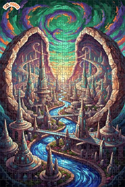 Esranın Dünyası Fantastic Cityscape Watercolor Look Double Layer Framed Woode...