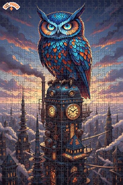 Esranın Dünyası Mysterious Owl Steampunk Cityscape Oily Double-Layer Framed W...