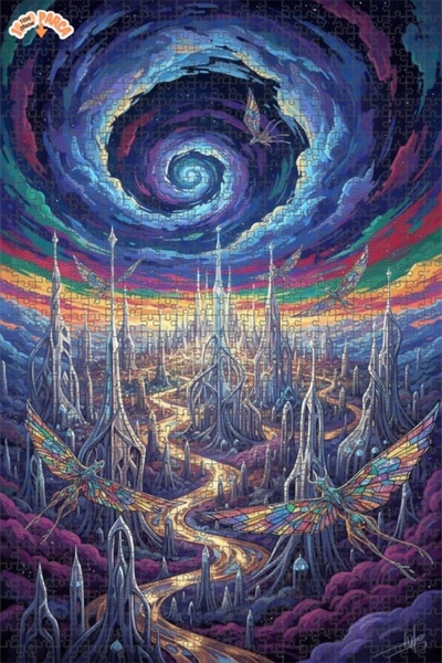 Esranın Dünyası Fantastic City Winged Creatures Oil Painting Double-Layer Fra...