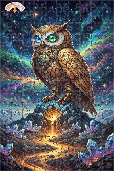 Esranın Dünyası Mysterious Space Owl Oil Painting Look Double Layer Framed Wo...