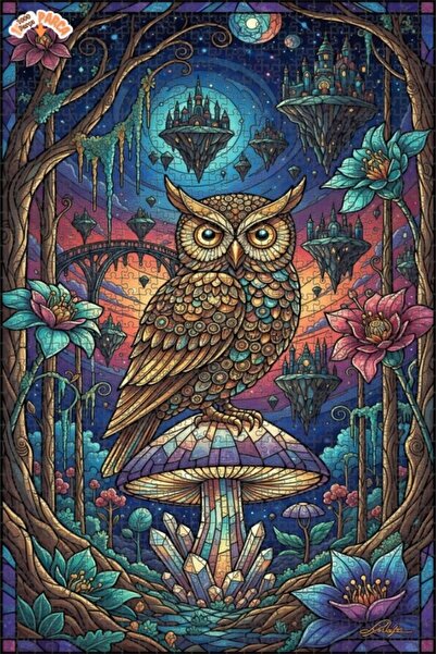 Esranın Dünyası Mysterious Forest Owl Oil Painting Look Double Layer Framed W...