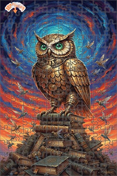 Esranın Dünyası Mechanical Owl Steampunk Art Book Stack Double-Layer Framed W...