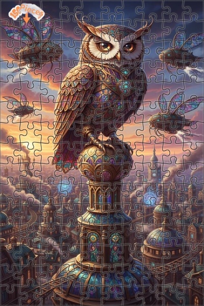 Esranın Dünyası Steampunk Owl Artwork Lookalike Double-Layer Framed Wooden Pu...