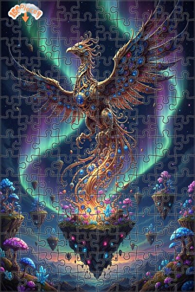 Esranın Dünyası Golden Feathered Phoenix Digital Art Double-Layer Framed Wood...