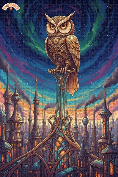 Esranın Dünyası Mechanical Owl Cityscape Oil Painting Double-Decker Framed Wo...