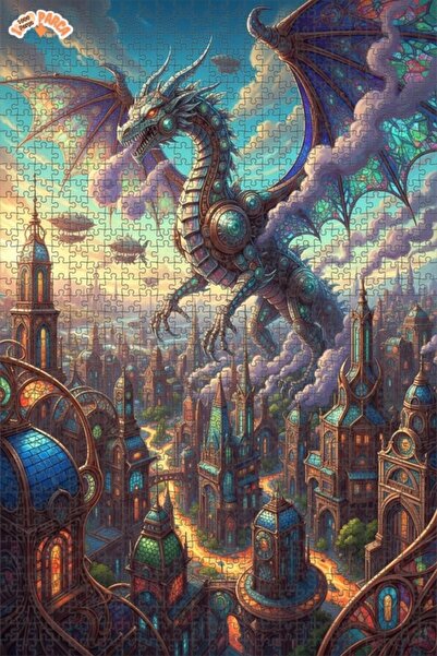 Esranın Dünyası Steam Dragon City Steampunk Oil Painting Double-Layer Framed ...