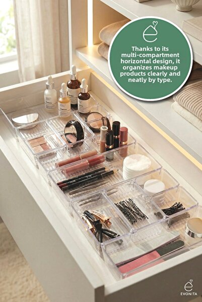 EVONİTA مجموعة منظم أدراج كريستال مكونة من 12 قطعة - منظم شفاف لحفظ أدوات الت...