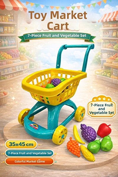 YILDIRIM OYUNCAK عربة بقالة 7 قطع صافي فواكه وخضروات 45 سم - طقم مطبخ بيت الد...