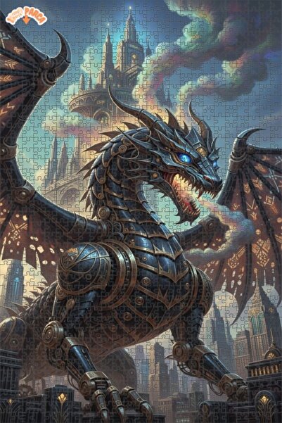 Esranın Dünyası Steampunk Mechanical Dragon Oil Painting Look Double Layer Fr...