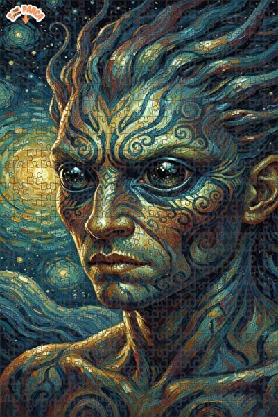 Esranın Dünyası Starry Night Portrait Oil Painting Look Wooden Puzzle with Do...