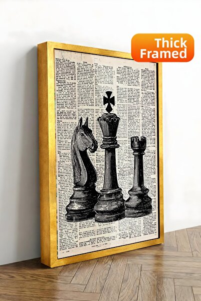 Zestia Χρυσό πλαίσιο σε καμβά με εικονογραφήσεις σκακιστικών πιονιών και εφημ...