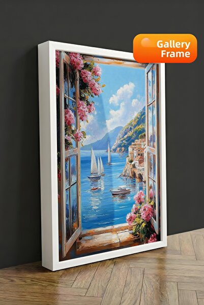 Zestia Πίνακας σε καμβά με λευκό πλαίσιο, θαλάσσιο τοπίο και ιστιοπλοϊκό σκάφ...