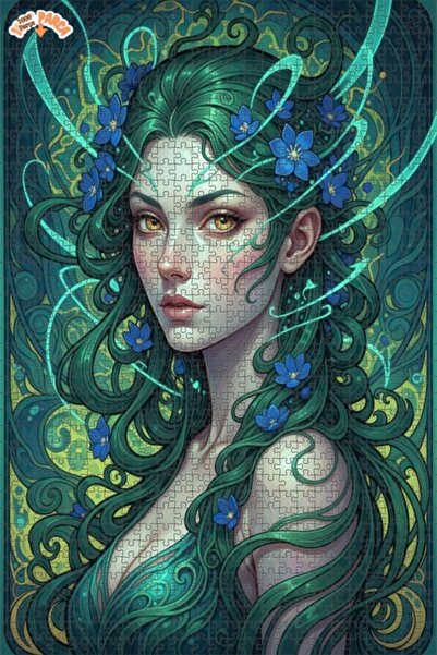 Esranın Dünyası Green-Haired Fairy Queen Oil Painting Look Wooden Puzzle with...