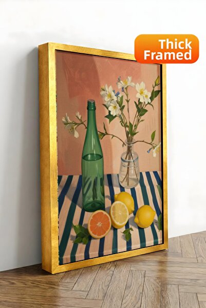 Zestia Εκτύπωση σε καμβά με χρυσό πλαίσιο, γυάλινα μπουκάλια με λεπτομέρειες ...