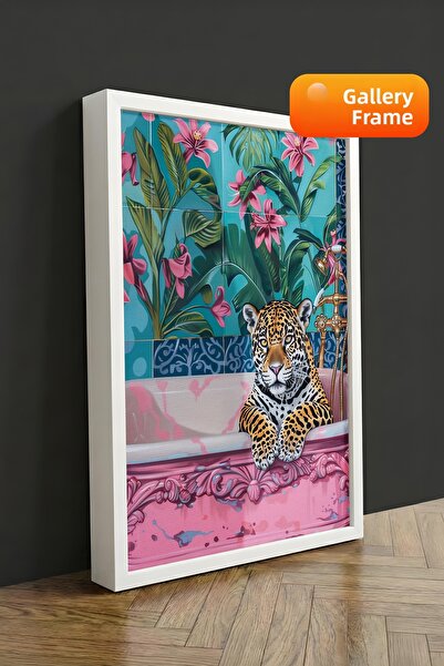 Zestia Πίνακας σε καμβά με λευκό πλαίσιο Λεοπάρδαλη, Ταπετσαρία με λουλούδια,...