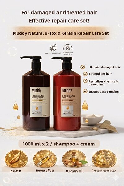 Muddy B-Tox-Keratin Shampoo for Extremely Damaged Hair 1000 ml + Repairing B-...