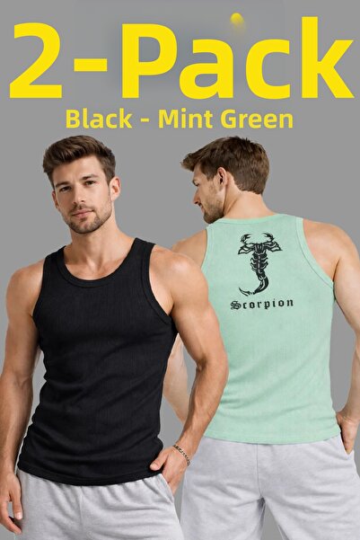 LUMİART Men's Sports Ribbed Singlet Set of 2 Black and Mint Green Slim Fit Ca...