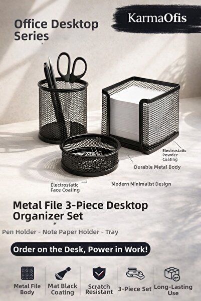 KarmaOfis Σετ οργάνωσης γραφείου 3 τεμαχίων από μέταλλο, μαύρο |   Θήκη για σ...
