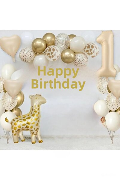 BKMC PARTY Set de petrecere de aniversare cu baloane bej cu folie de aur și g...