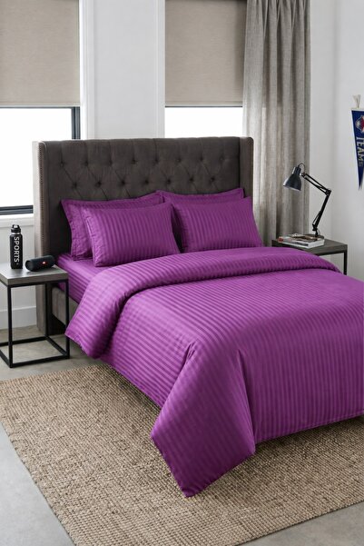 Alisy Home Fitted Sheet I 100% Cotton Double Duvet Cover Set Plain Purple Color