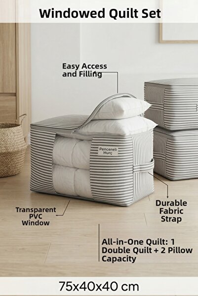 Textile sweet Γκρι ριγέ πάπλωμα με παράθυρο 75x40x40