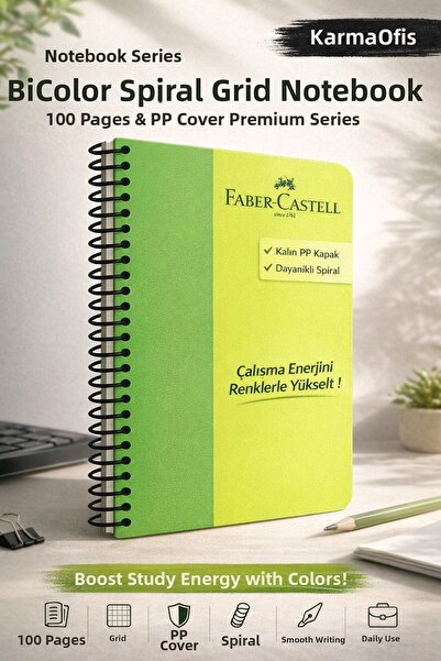 Faber Castell Green 100-Leaf Spiral Bicolor Checked Notebook Pp Cover |   Dur...