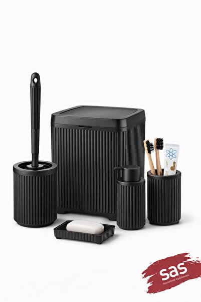Sas Haus طقم حمام أسود من سلسلة لاينز، 5 قطع أكريليك سعة 5 لتر، طقم صابون، حا...