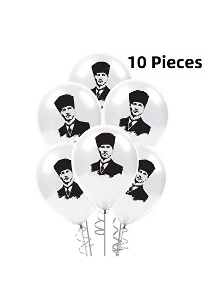 partidolu Ataturk Printed Latex Balloons Black on White Color 10 Pieces Show