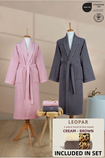 Ellaline 4 Piece Şalyaka Family Bathrobe Set 100% Cotton + Leopard 2-Piece Br...