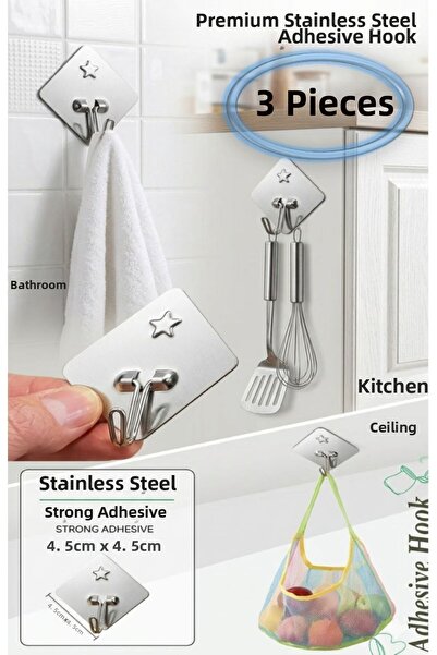 TARIK HOME Set de 3 umerașe adezive din oțel inoxidabil în formă de stea - Um...