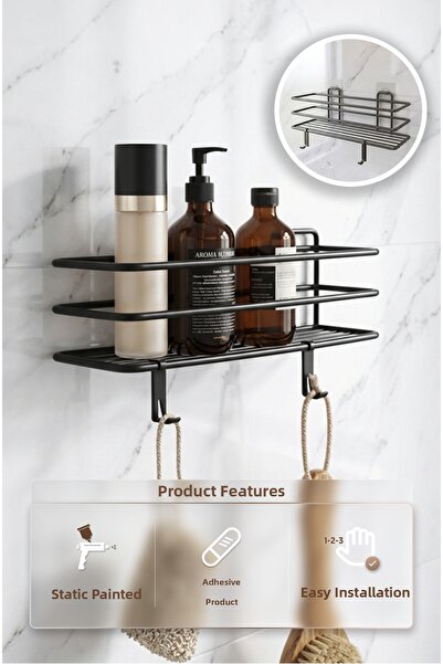 Alper Banyo رف لاصق أسود للحمام والمطبخ مزود بخطافين |   منظم حامل الدش القاب...