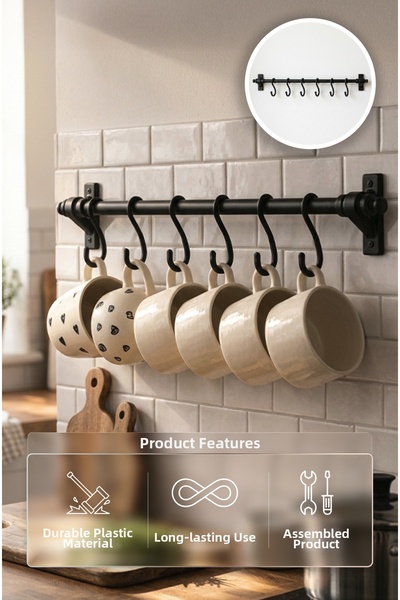 Alper Banyo Decorative Plastic Retro Kitchen Towel Rack with 6 Hooks, Cup, Mu...