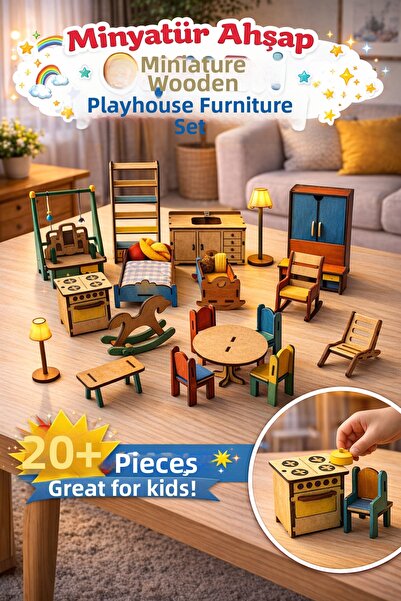 metafortoys مجموعة أثاث منزلي صغير من الخشب قابلة للطلاء مكونة من 20 قطعة - م...