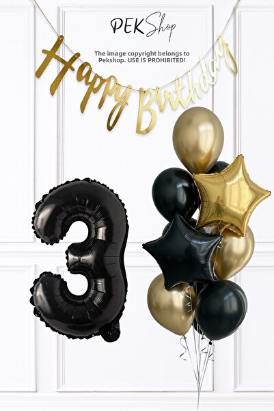 PEKSHOP مجموعة بالونات عيد الميلاد بعمر 3 سنوات مع بالونات أرقام سوداء ولافتة...
