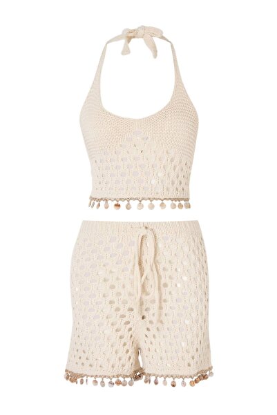 Trendyol Collection Ecru Knitwear Accessory Detail Neckline Tie-Detail 100% C...