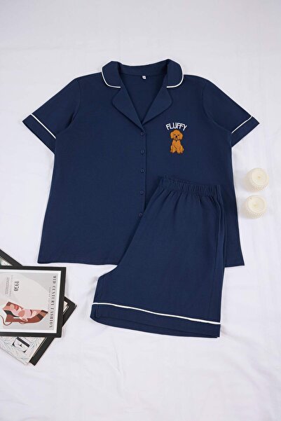 Trendyol Curve Marineblaues Pyjama-Set mit kontrastierenden Paspeln und Hunde...