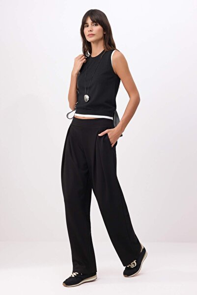 Trendyol Collection Pantaloni negri tricotați cu picior larg, cu șnur, talie ...