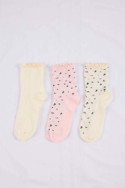 Trendyol Collection Екру-розови 3-компонентни чорапи с флорален жакардов прин...