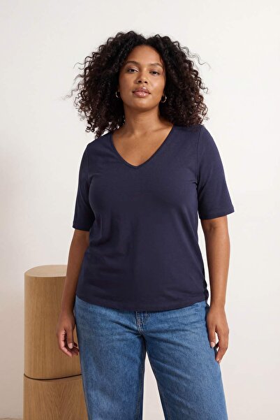 Trendyol Curve Navy Blue-Grey 2 Pack Lycra Combed Cotton Single Jersey Knitte...