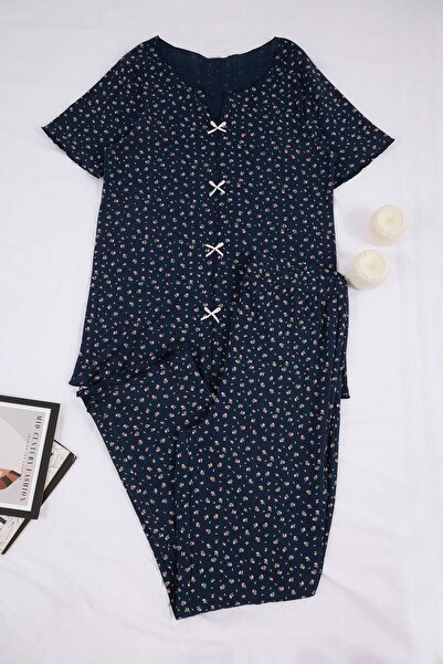 Trendyol Curve Navy Blue Floral Pointel Knitted Plus Size Pajama Jewelry