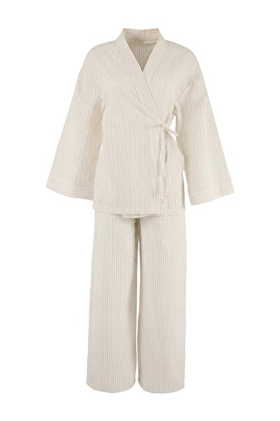 Trendyol Collection Ecru cu dungi țesut Muslină 100% bumbac Set pantaloni kim...