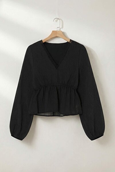 Trendyolmilla  Siyah V Yaka Beli Lastikli Bluz TDRSS26BZ00034