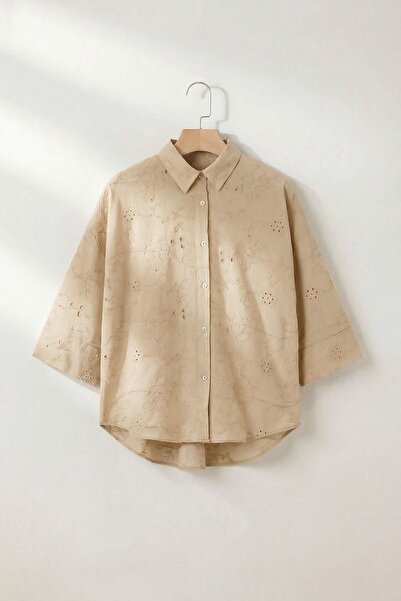 Drop by TrendyolMilla Kaki Broderija Čipka Vezena Pamuk Truvar majica sa ruka...